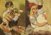 2pc 5" x 7" Vintage Litho Print Set : Children with Pets