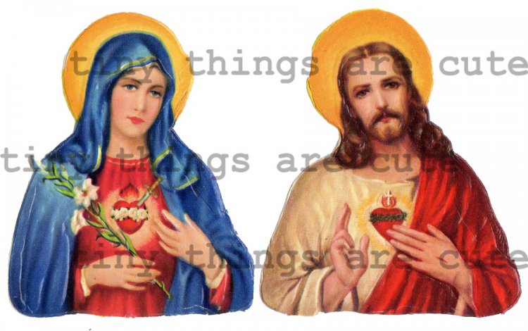 Sacred Heart Vintage Gummed Diecut of Jesus or Mary - Click Image to Close