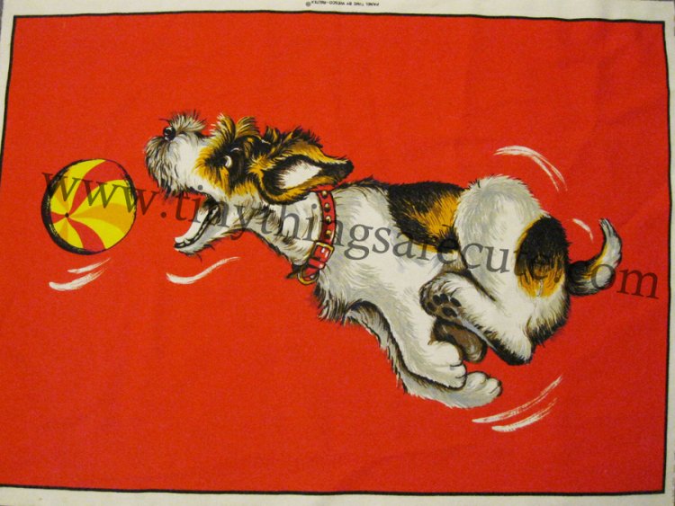 Dog and Ball Vintage Fabric Panel - Click Image to Close
