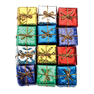 Assorted Color 1/2" Wrapped Gift Box Miniature Ornaments (24) - Click Image to Close