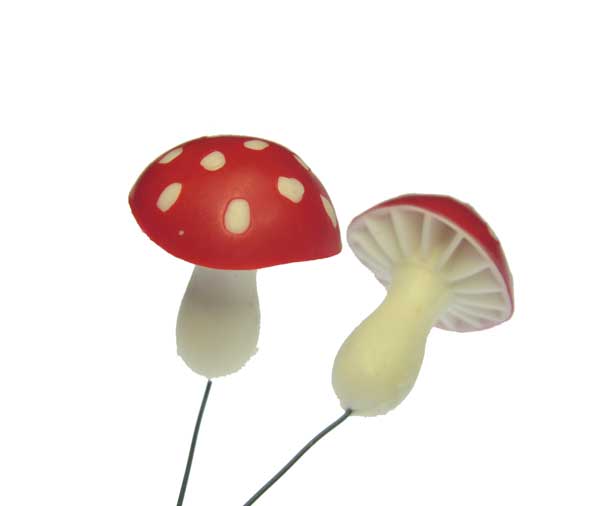 Red + White Polka Dot Vintage Plastic Mushrooms (3) - Click Image to Close