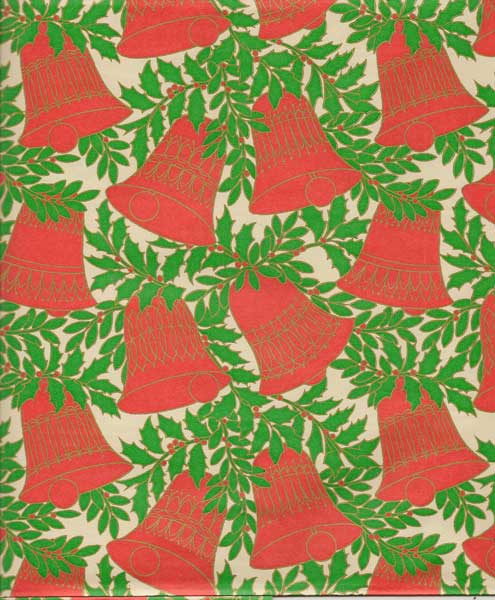 Vintage Gift Wrap Sheet : Red Bells with Holly - Click Image to Close