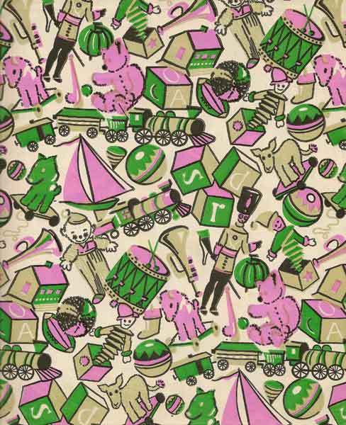 Vintage Gift Wrap Sheet : Pink + Green Toys - Click Image to Close
