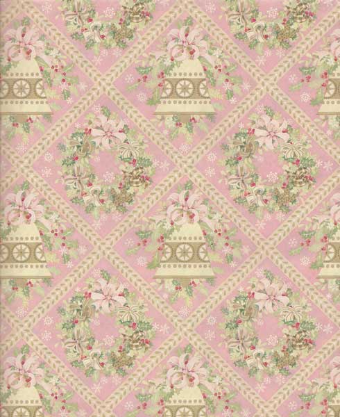 Vintage Gift Wrap Sheet : Bells + Wreaths on Pink - Click Image to Close