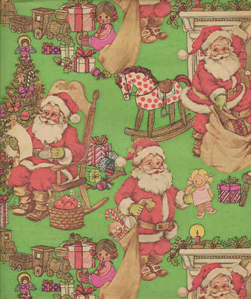 Vintage Gift Wrap Sheet : Santa + Toys on Green - Click Image to Close