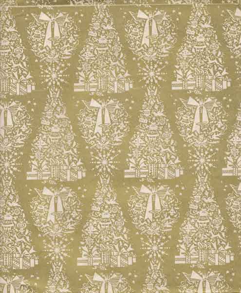 Vintage Gift Wrap Sheet : Christmas Tree Pattern on Gold - Click Image to Close