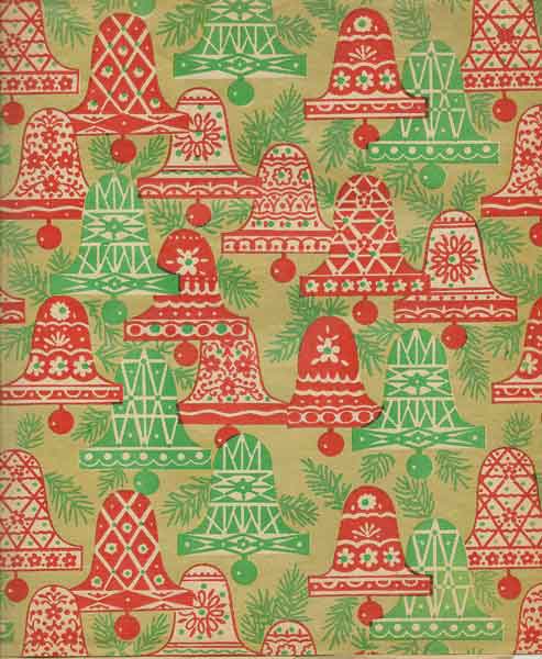 Vintage Gift Wrap Sheet : Red + Green Bells - Click Image to Close