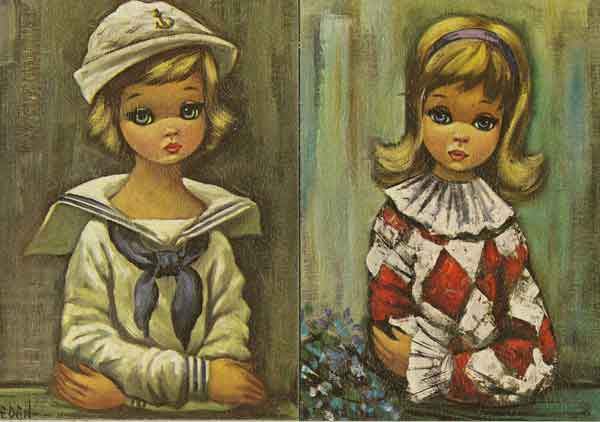 2pc 5" x 7" Vintage Litho Print Set : Big Eyed Girls - Click Image to Close